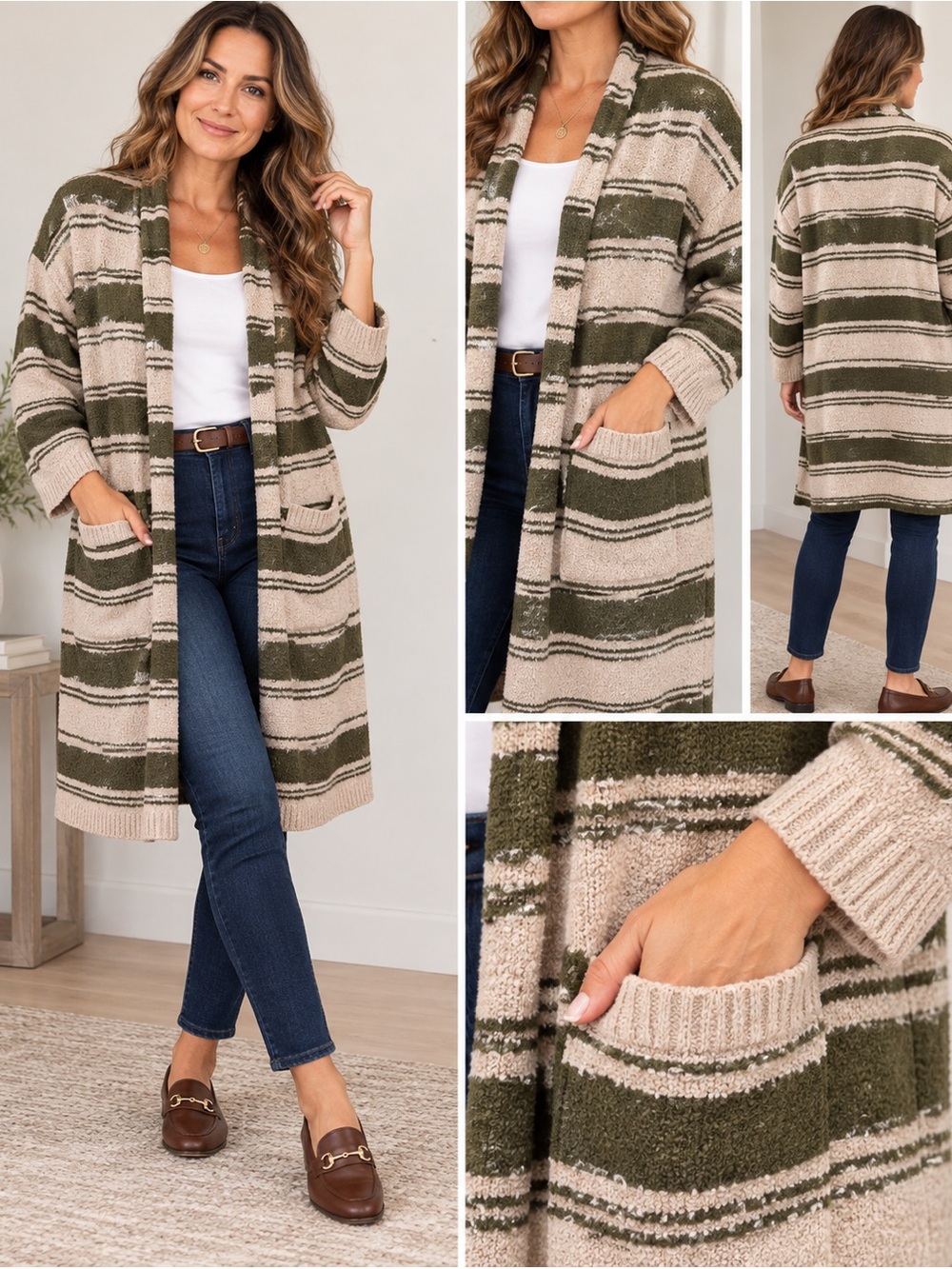 Knox Rose XL Longline Cardigan Olive Green Oatmeal Stripe Open Front Boho Pocket